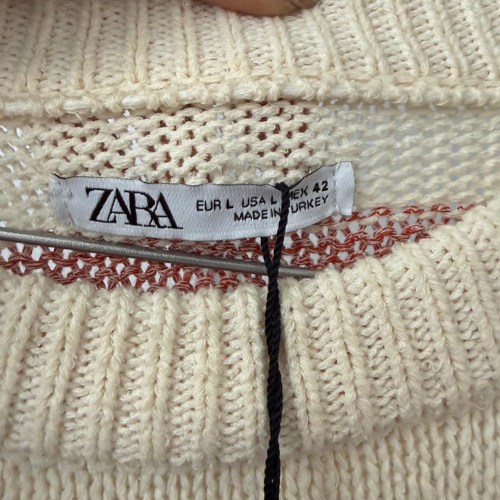Zara sz L Mens Striped Knit Sweater Cream Blue Red Tennis‎ Prep Minimalst NWT - Picture 4 of 9